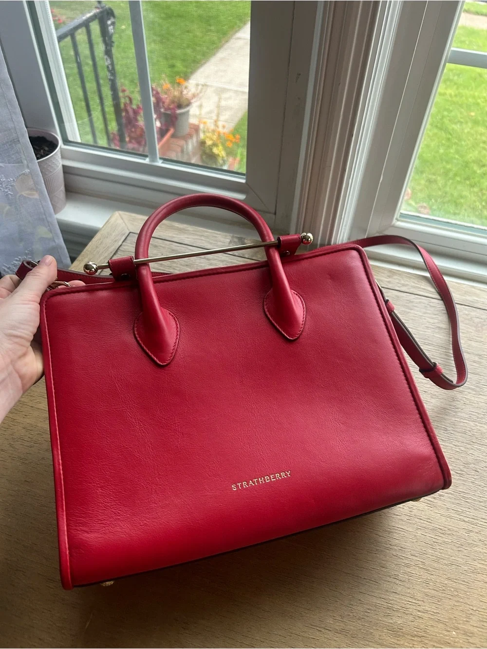 Strathberry Midi Tote Red Leather with Gold Accents